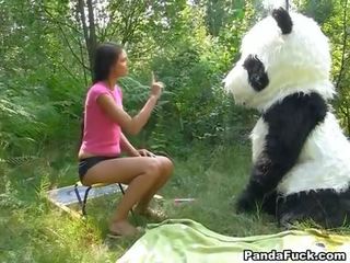 Sex movie in the woods with a huge toy panda